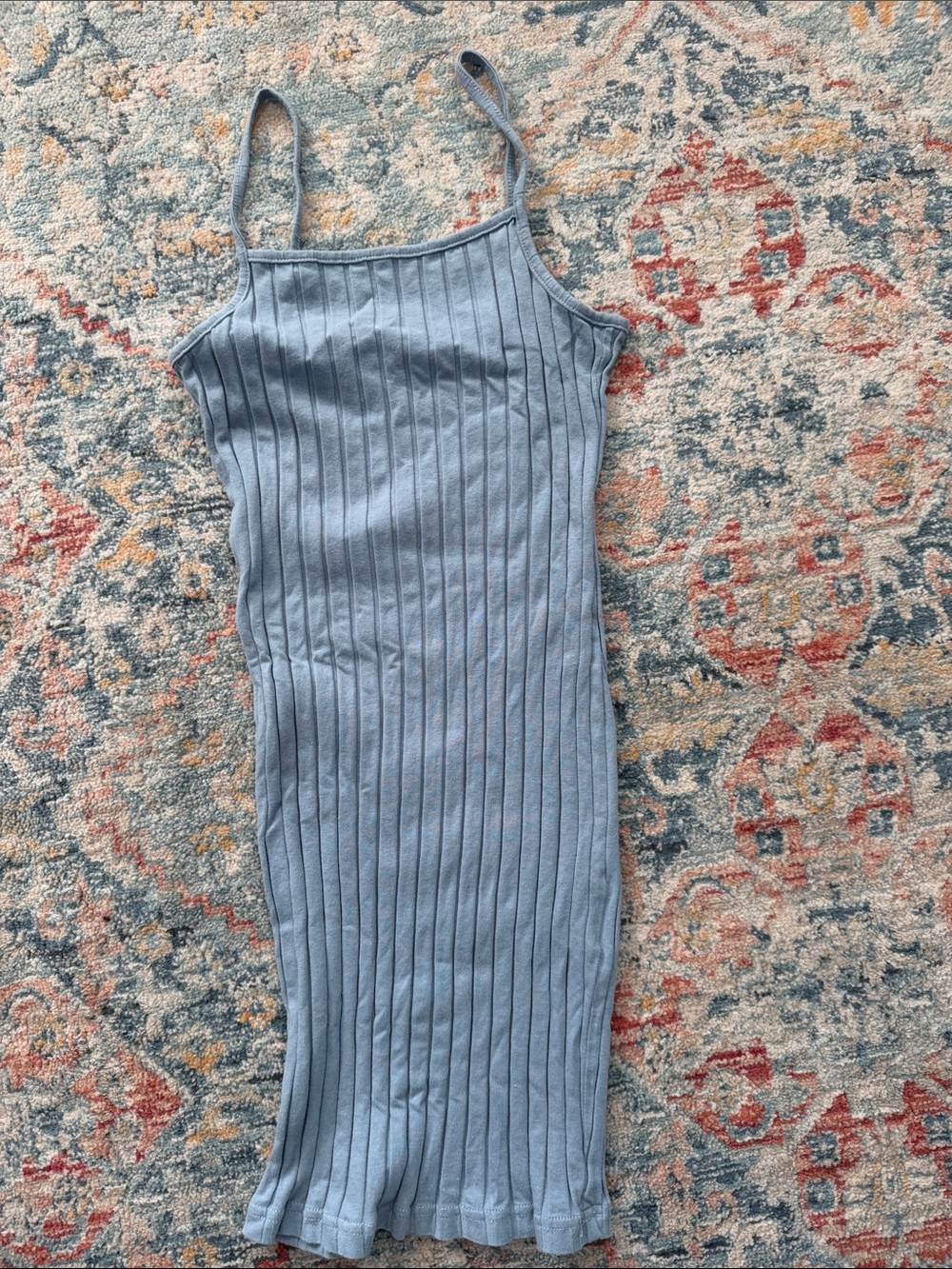 Light Blue Ribbed Spaghetti Strap Midi Dress